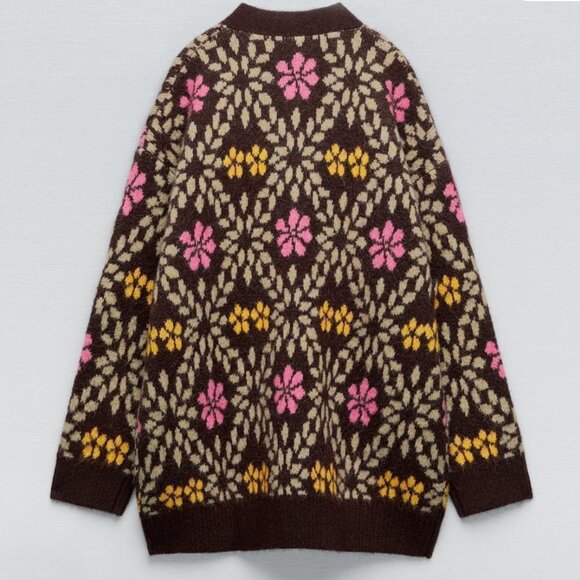 ZARA Oversized Chunky Floral Knit Cardigan Sweater Brown Pink Yellow Size M - Picture 8 of 16